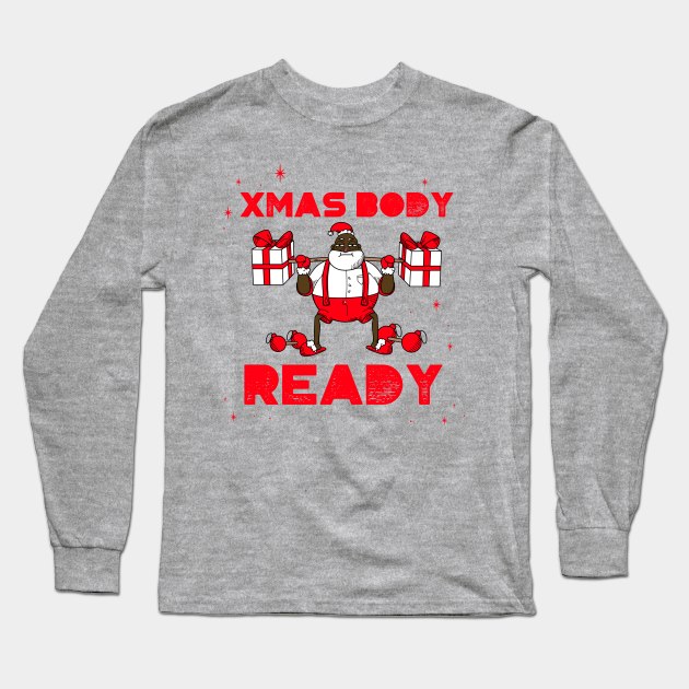 “Xmas Body Ready” Weight Lifting Black Santa Long Sleeve T-Shirt by Tickle Shark Designs